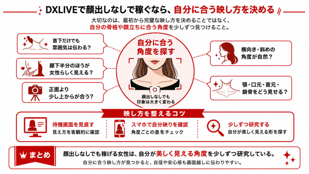 DXLIVEライブチャットサイトで顔出しなしで稼ぐために自分に合う映し方を探すポイントを解説した図解画像